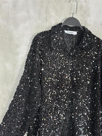 Kadife Kumaş Üzeri Payetli Gömlek (Siyah)
