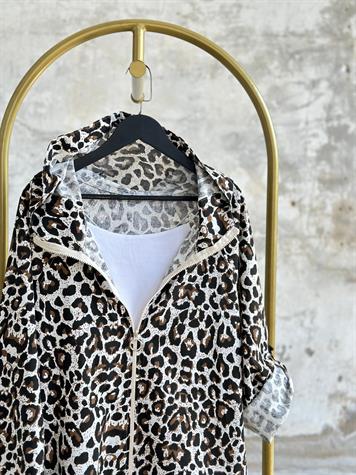 Kahverengi Leopar Desen Ham Keten Ceket 