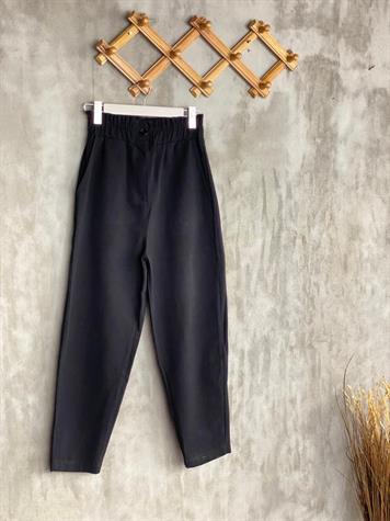 Kalın Lastik Kemerli Yumuşak Gabardin Kumaş Mom Pantolon (Siyah)