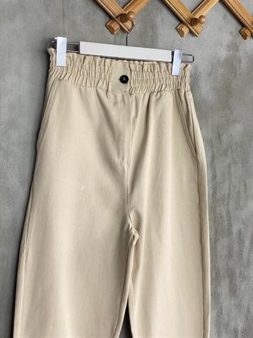 Kalın Lastik Kemerli Yumuşak Gabardin Kumaş Mom Pantolon (Taş)