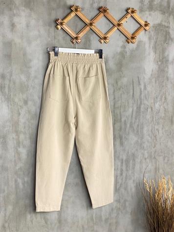 Kalın Lastik Kemerli Yumuşak Gabardin Kumaş Mom Pantolon (Taş)
