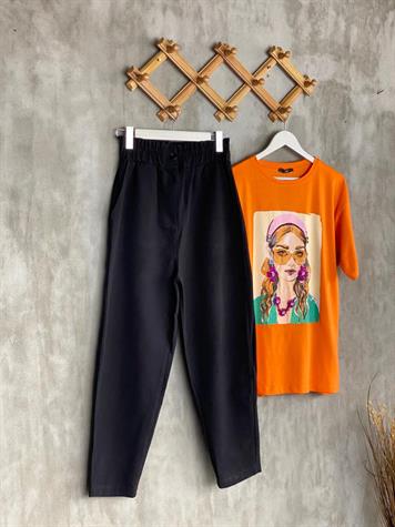 Kalın Lastik Kemerli Yumuşak Gabardin Kumaş Mom Pantolon (Siyah)
