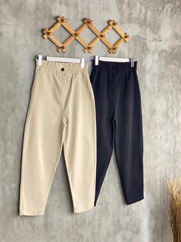 Kalın Lastik Kemerli Yumuşak Gabardin Kumaş Mom Pantolon (Taş)