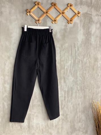 Kalın Lastik Kemerli Yumuşak Gabardin Kumaş Mom Pantolon (Siyah)
