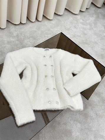 Kalp Düğme Detaylı Angora Hırka (Ekru)