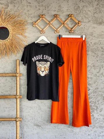 Kaplan Baskılı Taşlı Tshirt (Siyah)