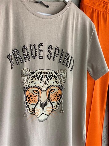 Kaplan Baskılı Taşlı Tshirt (Taş Rengi)