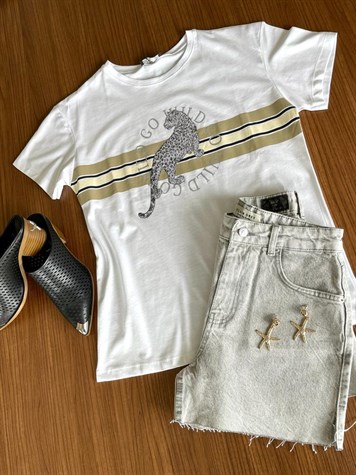 Kaplan Desenli Taş İşlemeli Tshirt (Beyaz)
