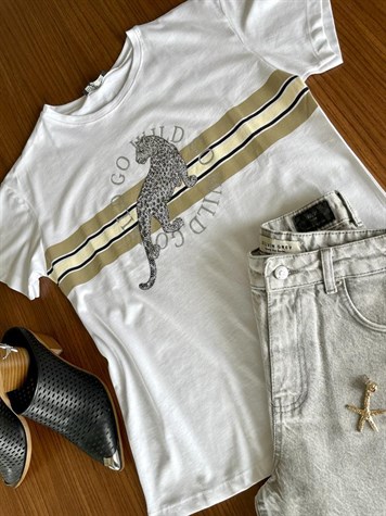 Kaplan Desenli Taş İşlemeli Tshirt (Beyaz)