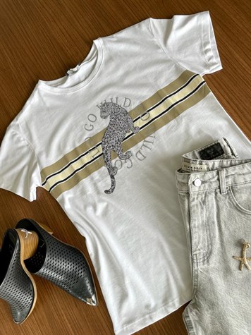 Kaplan Desenli Taş İşlemeli Tshirt (Beyaz)