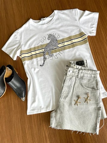 Kaplan Desenli Taş İşlemeli Tshirt (Beyaz)