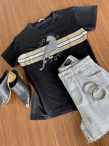 Kaplan Desenli Taş İşlemeli Tshirt (Siyah)