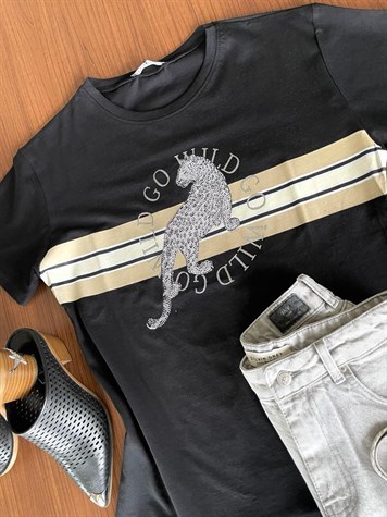 Kaplan Desenli Taş İşlemeli Tshirt (Siyah)