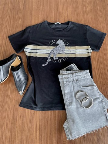 Kaplan Desenli Taş İşlemeli Tshirt (Siyah)