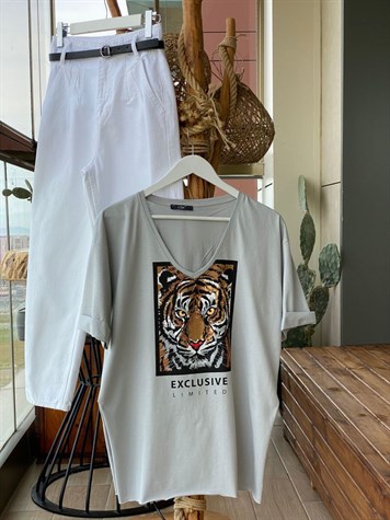 Kaplan Desenli V Yaka Tunik Tshirt (Gri)