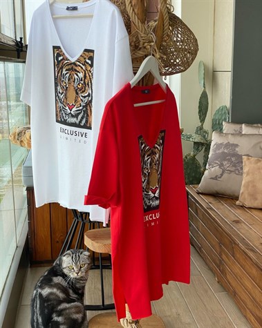 Kaplan  Desenli V Yaka Tunik Tshirt (Kırmızı)