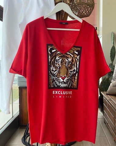 Kaplan  Desenli V Yaka Tunik Tshirt (Kırmızı)