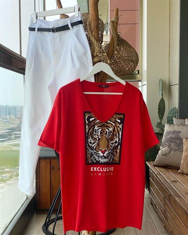 Kaplan  Desenli V Yaka Tunik Tshirt (Kırmızı)