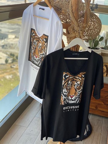 Kaplan Desenli V Yaka Tunik Tshirt (SİYAH & BEYAZ)