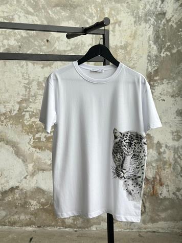 Kaplan Kristal Taş İşçilikli Tişört (Beyaz/Siyah)