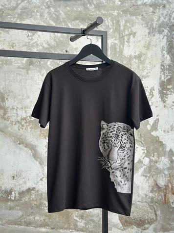 Kaplan Kristal Taş İşçilikli Tişört (Beyaz/Siyah)