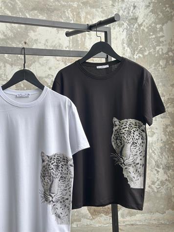 Kaplan Kristal Taş İşçilikli Tişört (Beyaz/Siyah)