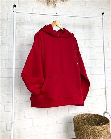 Kapşonlu Fermuar Detaylı Sweatshirt (KIRMIZI)