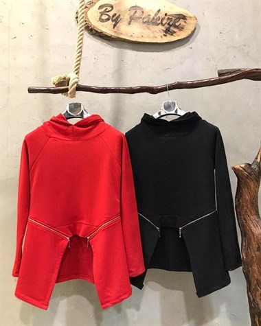 Kapşonlu Fermuar Detaylı Sweatshirt (SİYAH&KIRMIZI)