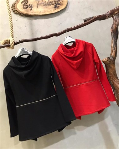 Kapşonlu Fermuar Detaylı Sweatshirt (SİYAH&KIRMIZI)