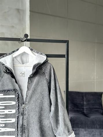 Kapşonlu İçi Peluşlu Yazı Baskılı Kot Ceket (Antrasit)