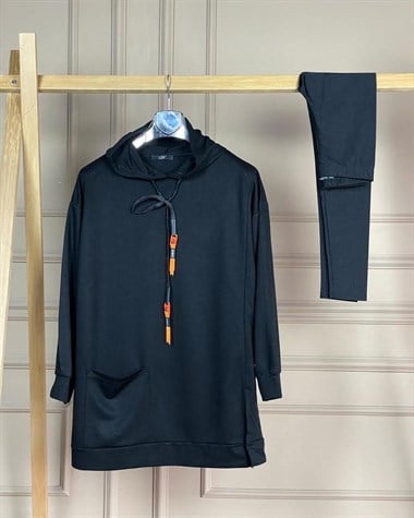 Kapşonlu İnci Tunik Sweatshirt (SİYAH)