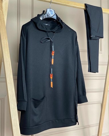 Kapşonlu İnci Tunik Sweatshirt (SİYAH)