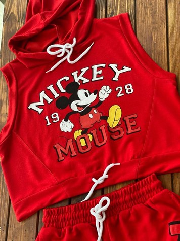 Kapşonlu Mickey Baskılı Şortlu Takım (Kırmızı)