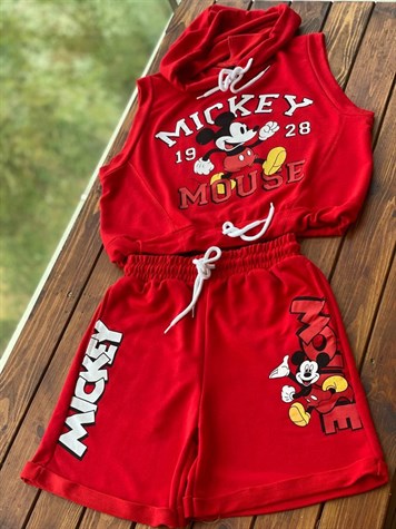 Kapşonlu Mickey Baskılı Şortlu Takım (Kırmızı)