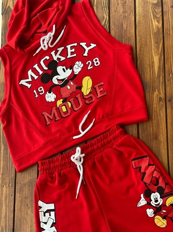 Kapşonlu Mickey Baskılı Şortlu Takım (Kırmızı)
