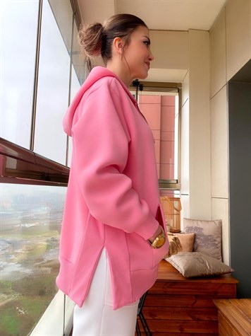 Kapşonlu Önden Fermuarlı Sweatshirt (PEMBE)