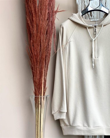 Kapşonlu Önden Fermuarlı Tunik Sweatshirt (KREM)