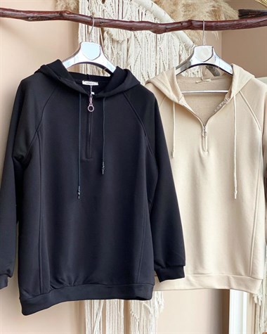 Kapşonlu Önden Fermuarlı Tunik Sweatshirt (SİYAH)