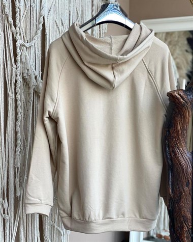 Kapşonlu Önden Fermuarlı Tunik Sweatshirt (KREM)
