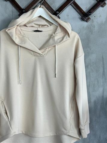 Kapşonlu Oval Kesim Kadın Sweat (Bej)