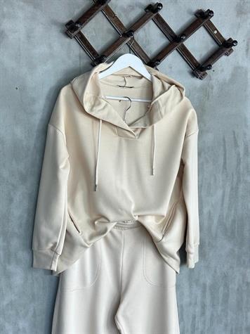 Kapşonlu Oval Kesim Kadın Sweat (Bej)