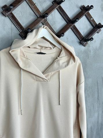 Kapşonlu Oval Kesim Kadın Sweat (Bej)