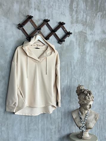Kapşonlu Oval Kesim Kadın Sweat (Bej)