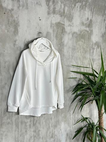 Kapşonlu Oval Kesim Kadın Sweat (Beyaz)