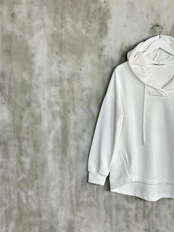 Kapşonlu Oval Kesim Kadın Sweat (Beyaz)