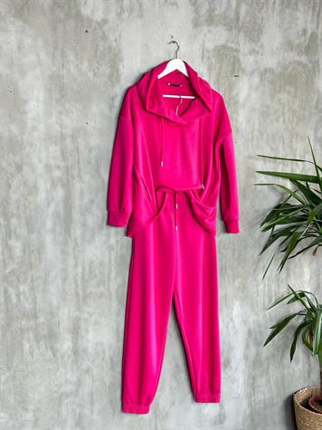 Kapşonlu Oval Kesim Kadın Sweat (Fuşya)