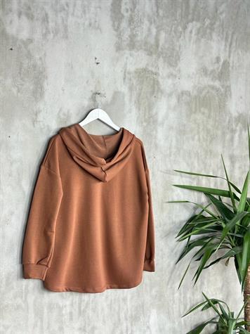 Kapşonlu Oval Kesim Kadın Sweat (Kahve)