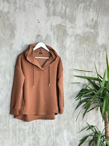 Kapşonlu Oval Kesim Kadın Sweat (Kahve)
