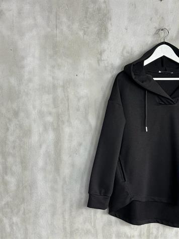 Kapşonlu Oval Kesim Kadın Sweat (Siyah)