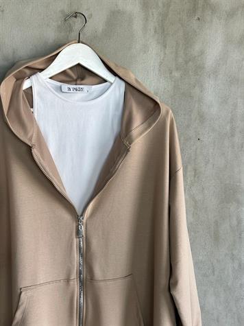 Kapşonlu Oversize Tunik Hırka (Camel)